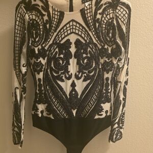 VENUS Black and White Embroidered Bodysuit